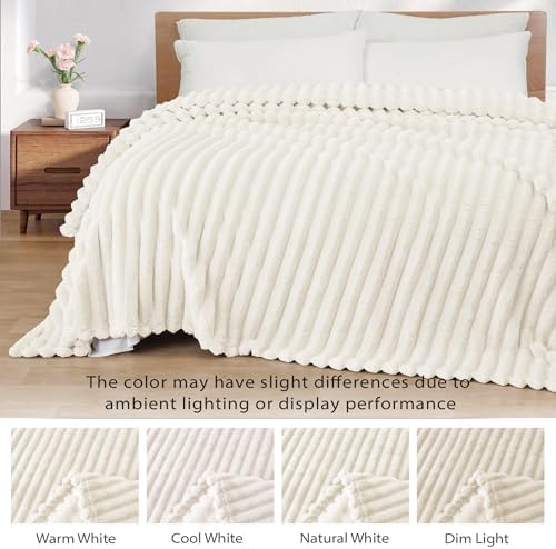 Exclusivo Mezcla Striped California King Fleece Bed Blanket, Ivory - Image 3