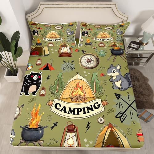 Erosebridal Kids Camping Tent Full Bedding Set,RV Camper Fitted Sheet Camping Decor for Travel Trailer,Rustic Cabin Bear Fox Bed Sheets Woodland Adventure Bed Set,2 Pillowcases (No Flat Sheet) by Erosebridal