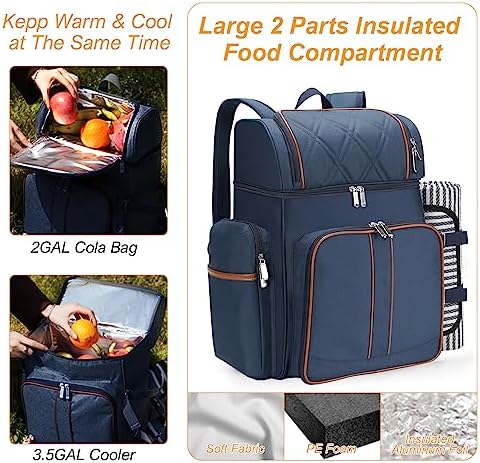 Picnic Backpack for 4, Insulated Cooler Bag with Blanket, Navy Blue - Image 5