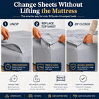 Zipper Cot Fitted Sheet, 28 x 75 Camping Cot Mattress Sheets, 400 Thread Count 100% Cotton, Includes 1 Wraparound Base, 2 Removable Zipper Top Sheets & 2 Pillowcases, 8 Inch Deep Pocket, Light Grey - Image 3