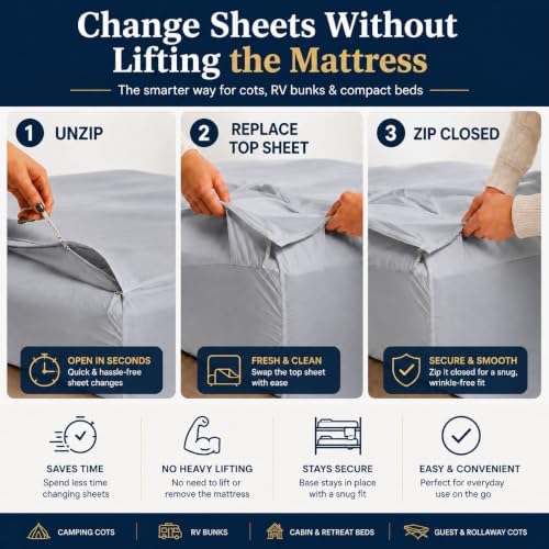 Zipper Cot Fitted Sheet, 28 x 75 Camping Cot Mattress Sheets, 400 Thread Count 100% Cotton, Includes 1 Wraparound Base, 2 Removable Zipper Top Sheets & 2 Pillowcases, 8 Inch Deep Pocket, Light Grey - Image 3