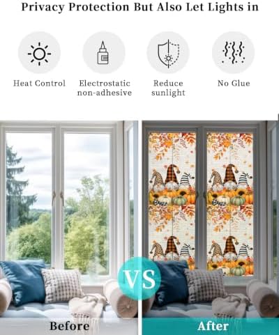 Window Privacy Film Frosted, Thanksgiving Reusable Static Cling Window Tints, Gnomes Pumpkin Sunflower Maple Leaves Linen Heat Control Windows Films for Offices, Balcony, 29.5 x 118 Inches - Image 6