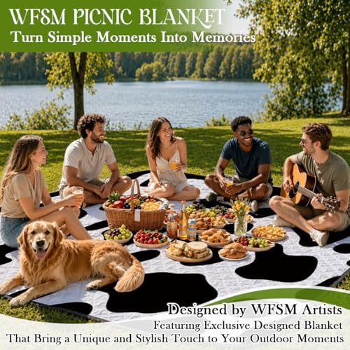 WFSM Cow Print Picnic Mat 80x60 Inch, Cow Lover Gifts, Black and White Outdoor Play Mat for Adults and Toddlers Waterproof Sandproof Beach Blanket Travel Camping Rug - Image 3