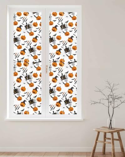 Window Privacy Film Frosted, Orange Pumpkins Halloween Reusable Static Cling Window Tints, Haunted Houses Bats Horror Heat Control Windows Films for Offices, Balcony, 29.5 x 118 Inches - Image 2