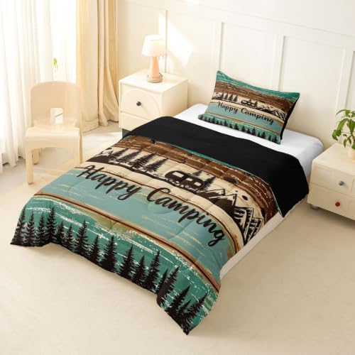Erosebridal Rustic Rv Camping Comforter Set Camper Twin Bedding Sets for Boys Girls Kids Country Farmhouse Wooden Board Comforter Mountain Pine Trees Quilt Duvet 2 Pcs Green Brown - Image 3