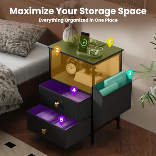 MALOL Night Stand with Charging Station & Led Light Strip, Bedside Table with Open Shelf & 2 Fabric Drawers and Reversible Side Storage Pocket, Modern End Table Bedroom,Living Room,Black - Image 5