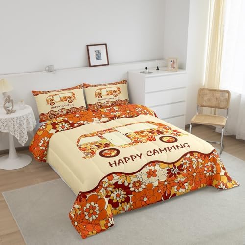Erosebridal Happy Camping Bedding for Camper Full Groovy Flowers 60S 70S Style Comforter Set for Kids Girls Women Floral Camper Car Quilt Comforter Cute Camping Bed Set Orange Brown Beige 3 Pcs - Image 3