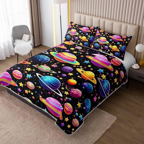 HOSIMA Planets Quilt,Colorful Celestial Bedspread Queen with 2 Pillowcases. - Image 2