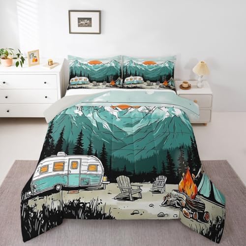 Erosebridal RV Camper Queen Bedding Sets, Rustic Camping Themed Bed Comforter Set for Kids Girls Boys, Mountain Cabin Forest Soft Quilt Sets, Outdoor Travel Trailer Bedroom Decor by Erosebridal