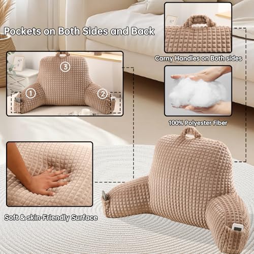 Reading Pillow with Arms for Bed Sitting,Khaki Flannel - Image 5