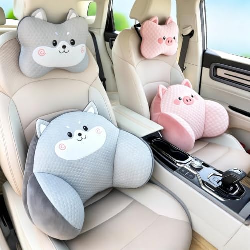 Car Neck Pillow and Lumbar Support Set, Cute Animal Soft Plush Ergonomic Back Cushion for Driving, Travel Seat Headrest Pillow(Set of 2) (Pig) - Image 2