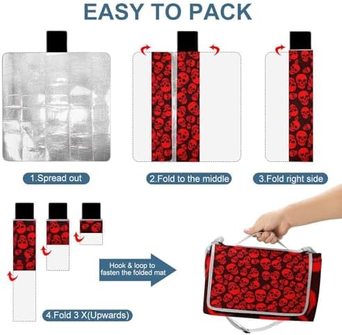Portable Foldable Outdoor Camping Blanket Red Skulls Art Waterproof Sandproof Picnic Mat for Beach, Park, Travel - Image 3
