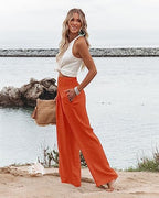 Angerella Womens Elastic High Waisted Palazzo Pants Casual Wide Leg Long Lounge Pant Trousers with Pocket - Image 3