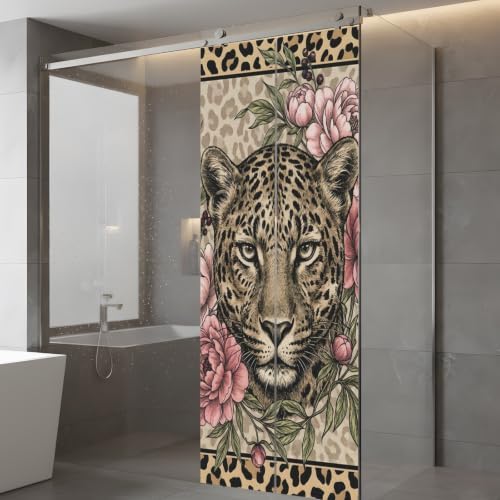 Window Privacy Film Frosted, Leopard Print Static Cling Door Window Covering, Vintage Peony Flower Chic Cheetahs Texture UV Blocking Windows Film for Office, Hotel, Bedroom, 29.5 x 78.7 Inches - Image 5