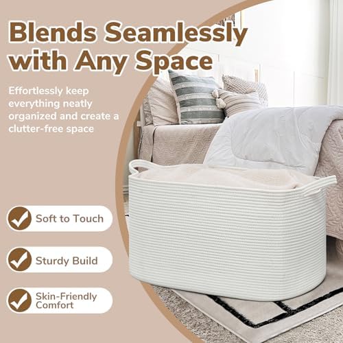 Goodpick Large Woven Rope Blanket Basket, Rectangle, White, 75L - Image 5