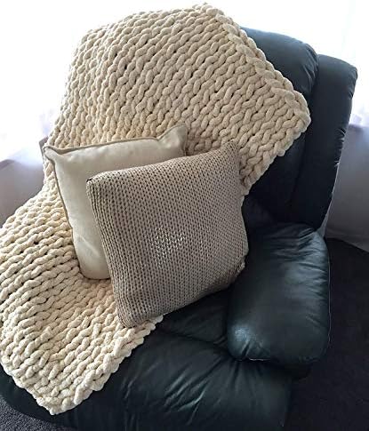 Chunky Knit Throw Blanket Chenille Yarn Soft Cozy Bulky Knitted Blanket for Sofa Bed Chair Large Hand Made Boho Home Decor Beige 40x60 - Image 3