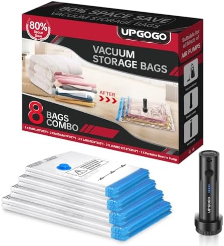 UPGOGO Vacuum Storage Bags with Portable Electric Pump,Vacuum Seal Bags for Clothing,Space Saver Bags,Vacuum Travel Bags for Luggage(Combo 8 Pack) by UPGOGO