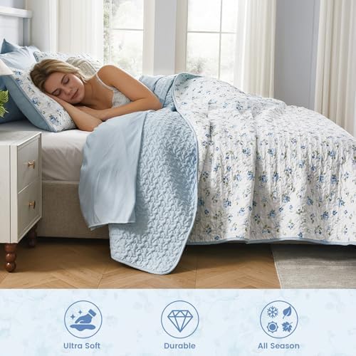Queen/Full Size Floral Quilt Set Blue Shabby Chic Flower Bedspreads Set - Image 5