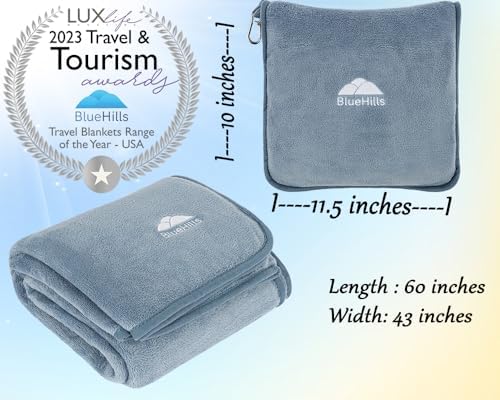 BlueHills Mini and Plush Travel Blanket Pillows for Two Airplane Traveling Essentials Flight Throws in Bag case with Backpack Clip Compact Plane Accessories – Pink and Grayish Blue - Image 3