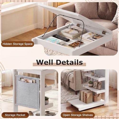 Giantex C-Shaped End Table with Wheels, Set of 2 Wood Rolling Side Table w/Adjustable Desktop, Edge Stopper, Side Pocket & 3 Storage Shelves, Sofa Couch Bedside TV Tray for Living Room Bedroom (White) - Image 6