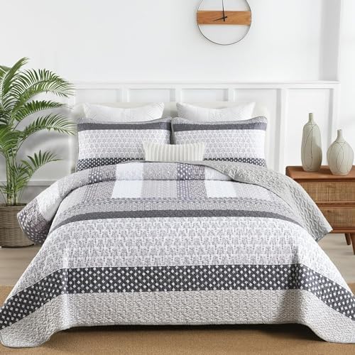 WONGS BEDDING Grey Full Size Quilt Set, Bohemian Striped Bedspreads - Image 3