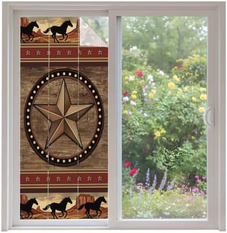 Window Privacy Film Frosted, Texas Star Rustic Non-Adhesive Static Cling Window Tint, Farmhouse Western Horse Wood Grain Insulated Windows Frosted Films for Living Room, 35.4 x 78.7 Inches by Unknown