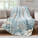Blue Ocean Throw Blanket, Coastal Starfish Coral Fluffy Soft Blankets for Couch Bed Travel, Flowers Plush Microfiber Striped Flannel Blankets, Underwater Lightweight Sofa Blankets 50"x60" - Image 4