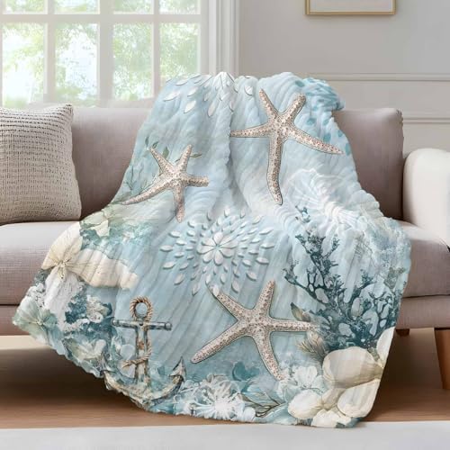 Blue Ocean Throw Blanket, Coastal Starfish Coral Fluffy Soft Blankets for Couch Bed Travel, Flowers Plush Microfiber Striped Flannel Blankets, Underwater Lightweight Sofa Blankets 50"x60" - Image 4
