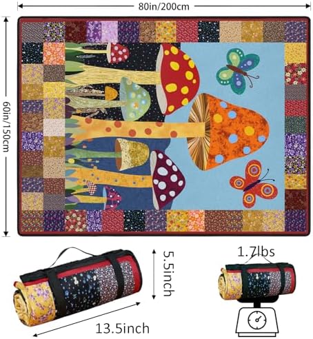 Mushroom Picnic Blankets Waterproof Foldable Picnic Outdoor Blanket 80"x 60" Picnic Mat 3-Layer Thicking Outdoor Foldable Blankets Sandproof Lightweight Beach Blankets with Strap Machine Washable - Image 2