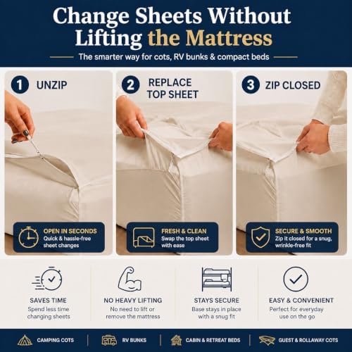 Zipper Cot Fitted Sheet Bundle, 30 x 80 Camping Cot Mattress Sheets, 400 Thread Count 100% Cotton, Includes 1 Wraparound Base, 2 Removable Zipper Top Sheets & 2 Pillowcases, 8 Inch Deep Pocket, Ivory - Image 3