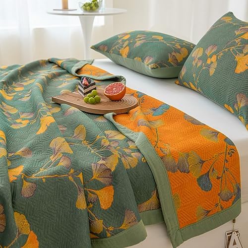 100% Cotton Jacquard Quilt Floral Ginkgo Leaves Print,Soft Muslin Bed Cover 3 Layers Reversible Bedspread Coverlet Breathable Lightweight Bedding,King(98"x94"), No Pillow Sham - Image 5