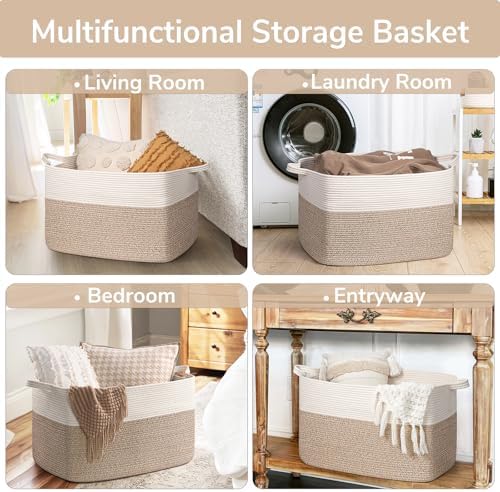 Goodpick 85L Large Woven Rope Blanket Basket, White & Light Brown - Image 4