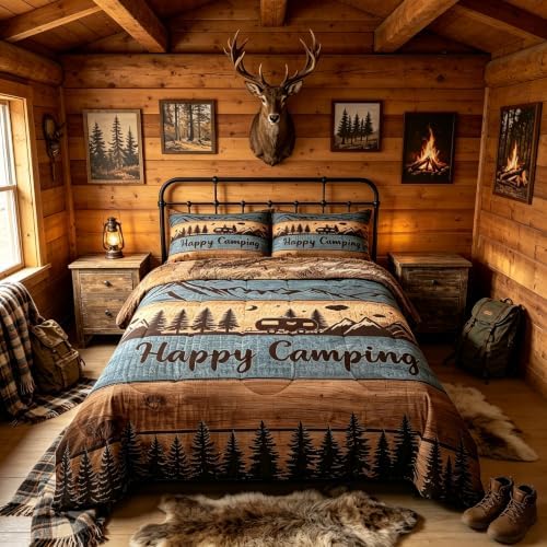 Happy Camping Comforter Set Full Camper Quilt Bedding For Kids Adults,Rv Accessories Comforter For Travel Trailers Rustic Farmhouse Wooden Board Duvet Set Mountain Pine Trees Decor,2 Pillow Cases - Image 4