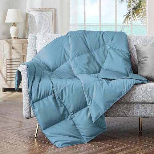 puredown® Soft Feather Down Throw Blanket Lightweight Packable Couch Throw for Indoor and Outdoor Use, Throw 50"X70", Blue, 12oz by Puredown