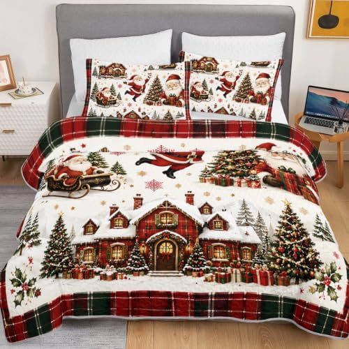 HOSIMA Vintage Christmas Santa Cabin Plaid Quilt Queen with 2 Pillowcases. - Image 3