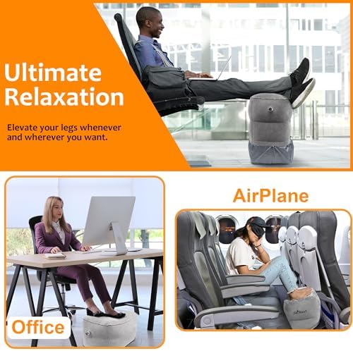 Inflatable Foot Rest Travel Pillow-Adjustable Height Airplane Footrest for Airplane Travel/Car/Train/Home/Office-Airplane Bed for Toddlers, Comfortable Seat Extender for Kids - Grey, 2 Pack - Image 3