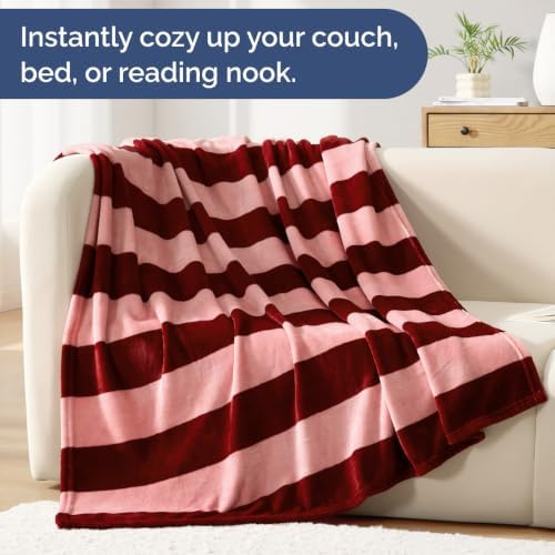 Burgundy Stripe Blanket Twin Size - Flannel Fleece Luxury Twin Blanket - Image 4