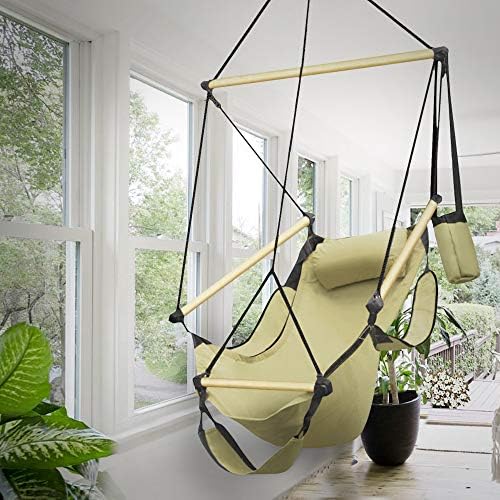 Flexzion Hanging Hammock Air Chair Swing Lounger (Tan) Footrest Armrest Pillow Boho Canvas Hamic Chairs for Outside Outdoor Indoor Patio Porch Upgraded 350lbs, Solid Wooden Dowels, Portable Bag - Image 6