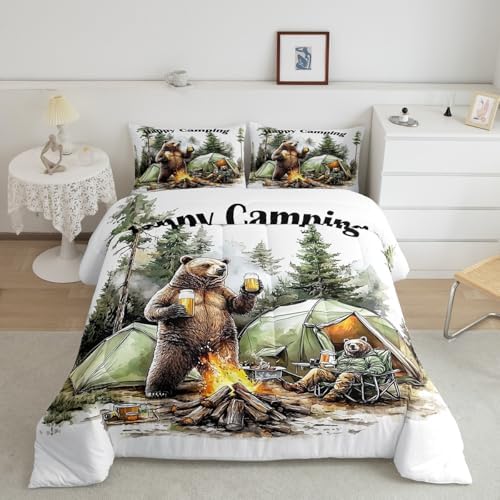 Erosebridal Happy Camping Toddler Bedding Set,RV Camper Comforter Sets for Travel Trailer Bunk,Forest Bear Quilt Bed Set for Boys Girls,Rustic Farmhouse Bedroom Decor,1 Pillowcase Breathable - Image 2