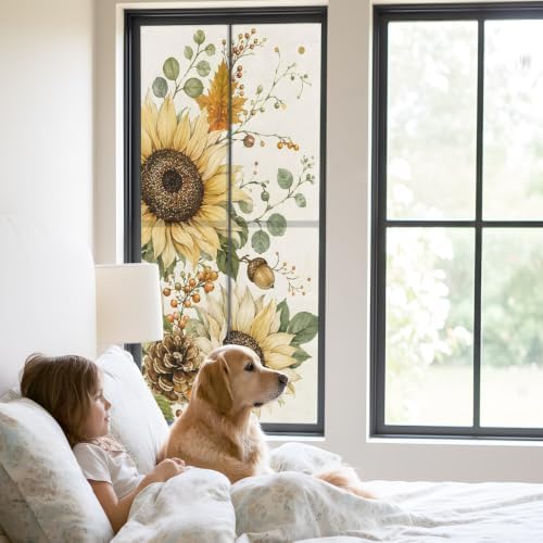 Window Privacy Film Frosted, Pumpkins Sunflower Fall Static Cling Door Window Covering, Thanksgiving Botanical Rustic UV Blocking Windows Film for Office, Hotel, Bedroom, 29.5 x 78.7 Inches - Image 2