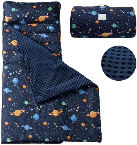 PHF Toddler Nap Mat with Removable Pillow and Minky Blanket, Rollup Design Kids Sleeping Mat, Slumber Bags for Boys, 55"x23" Toddler Sleeping Bag for Daycare Preschool Travel Camping, Space by PHF