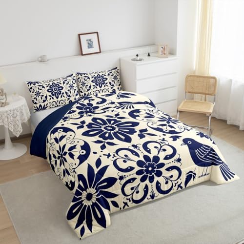 Erosebridal Mexican Talavera Tile Bedding Set Full - Vintage Flower Comforter Set, Mexico Exotic Floral Quilt for Kids Adults, Aesthetic Patchwork Flowers Bedroom Decor - 2 Pillowcases - Image 5
