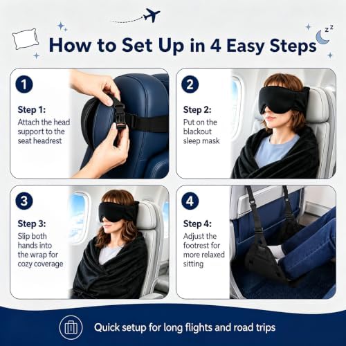 Airplane Sleep Support System, 4-in-1 Travel Pillow with Head Strap, Eye Mask, Body Support Belt & Airplane Foot Hammock, Adjustable Sleeping Aid for Long Flights Travel Car Train - Image 5