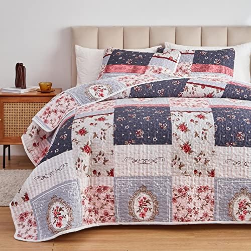 Patchwork Quilt Set Twin Size, 2 Pieces Pink Purple Floral Plaid Design Summer Bedspread Coverlet Set, Soft Microfiber Reversible Lightweight Bed Cover for Kids (68" x 86", 1 Quilt+ 1 Pillow Sham) - Image 3