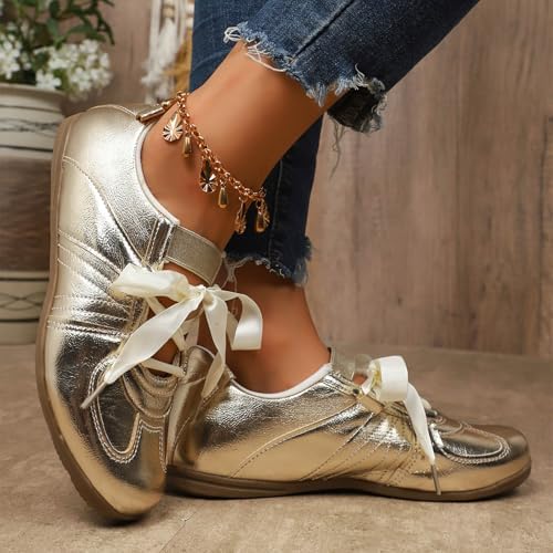 Women's Lace-up Fashion Ballerina Sneakers Dressy Ballet Flats Comfortable Tennis Walking Casual Shoes Fashion Lightweight Workout Athletic Low Top Glossy Round Toe Sports Dance Shoes - Image 4