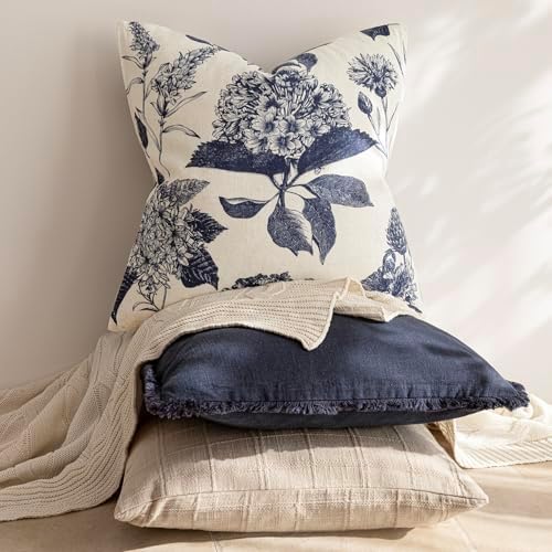 Foindtower Set of 2 Linen Floral Vintage Throw Pillow Covers Neutral Accent Print Decorative Cozy Cushion Covers Farmhouse Boho Home Decor for Sofa Chair Couch Bed Living Room,22×22 Inch,Navy Blue - Image 5