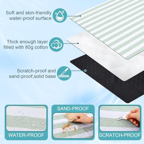 80" x 100" Extra Large Picnic Blankets, Green and White, Stripe - Image 3