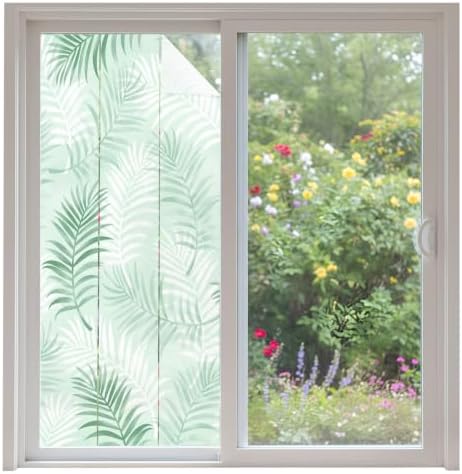 Window Privacy Film Frosted, Light Green Botanical Non-Adhesive Static Cling Window Tint, Summer Palm Leaves Foliage Tropical Insulated Windows Frosted Films for Living Room, 35.4 x 78.7 Inches by Unknown