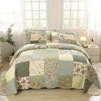 vctops Boho Patchwork Cotton Quilted Bedspread Quilt Set Twin Size 2 Pieces Soft Reversible Lightweight Coverlet Set Floral Print 1 Quilt and 1 Pillow Sham (Green D,Twin) - Image 2