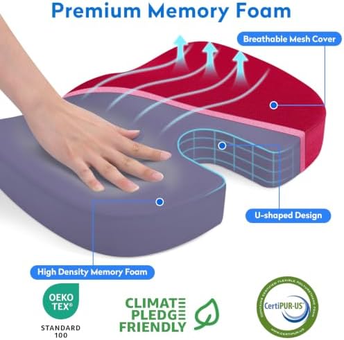 CushZone Memory Foam Seat Cushion for Office Hair, Car & Wheelchair, Red - Image 2